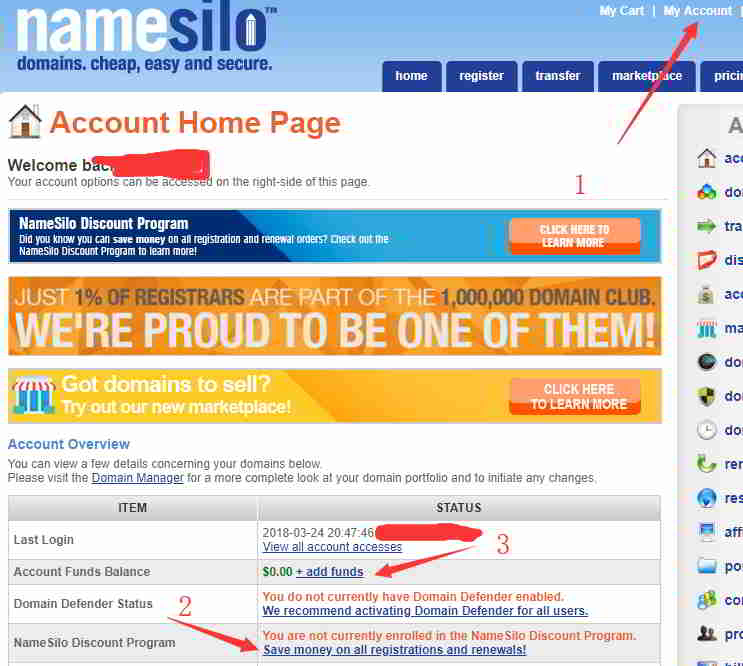 进入你的NameSilo账号页面